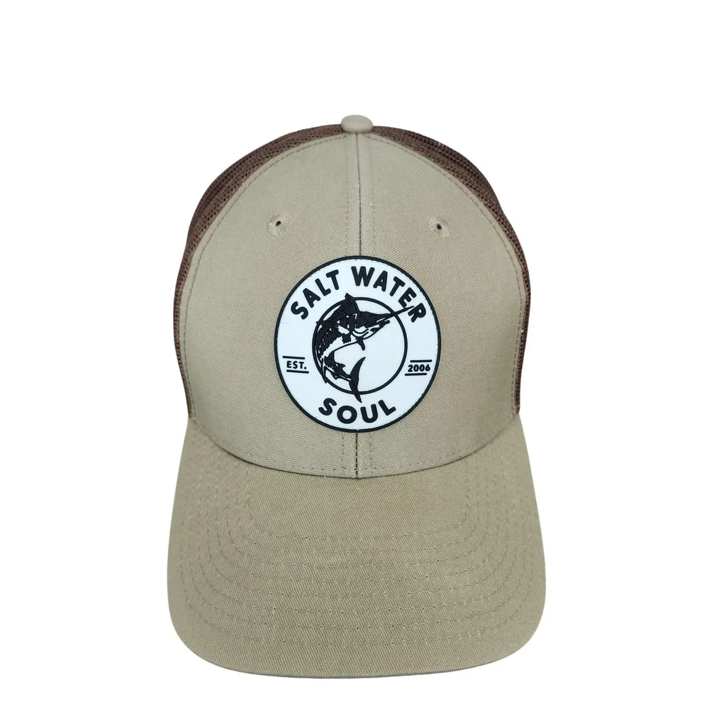 Salt Water Soul Trucker Hat Tan Brown Marlin Fish Mesh Back Snapback Cap Mens OS